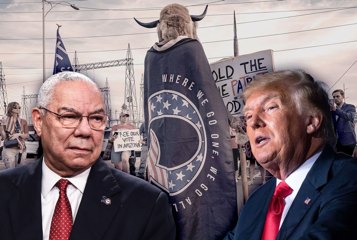 Colin Powell, Donald Trump and QAnon Trump Supporters (Photo illustration by Salon/Getty Images)