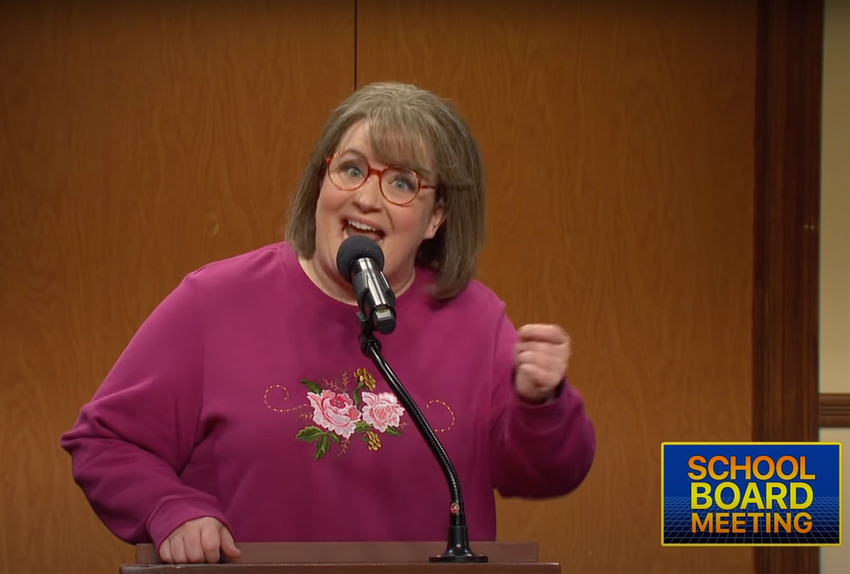 SNL cast member Aidy Bryant plays an unhinged parent at a school board meeting. (NBC)