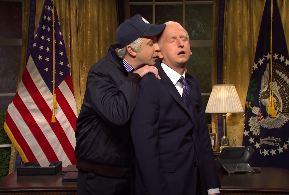 President Joe Biden gets a back rub from his past self on the cold open of "Saturday Night Live." (NBC)