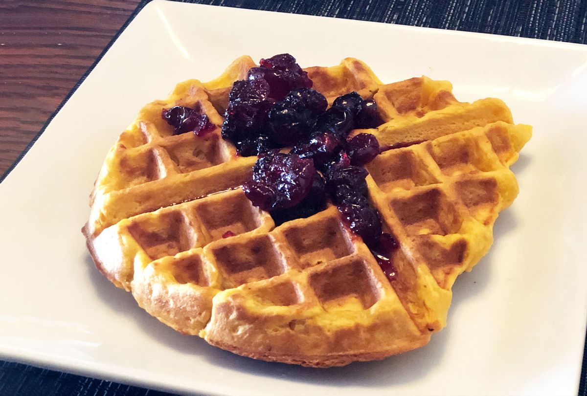 Waffle made of leftover mashed russets and sweet potatoes, topped with bourbon cranberry sauce (Photo courtesy of Erin Keane)