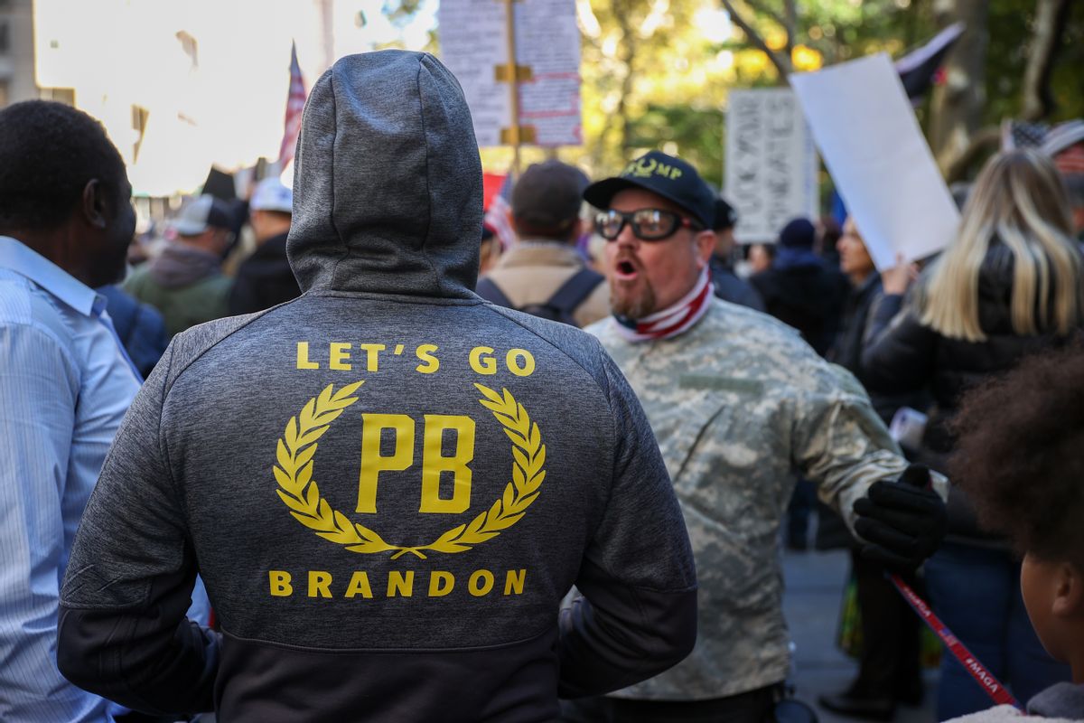 Proud Boys are seen as hundreds gather at the City Hall Park to protest vaccination mandate during "Freedom Rally" in New York City, United States on November 3, 2021. (Tayfun Coskun/Anadolu Agency via Getty Images)