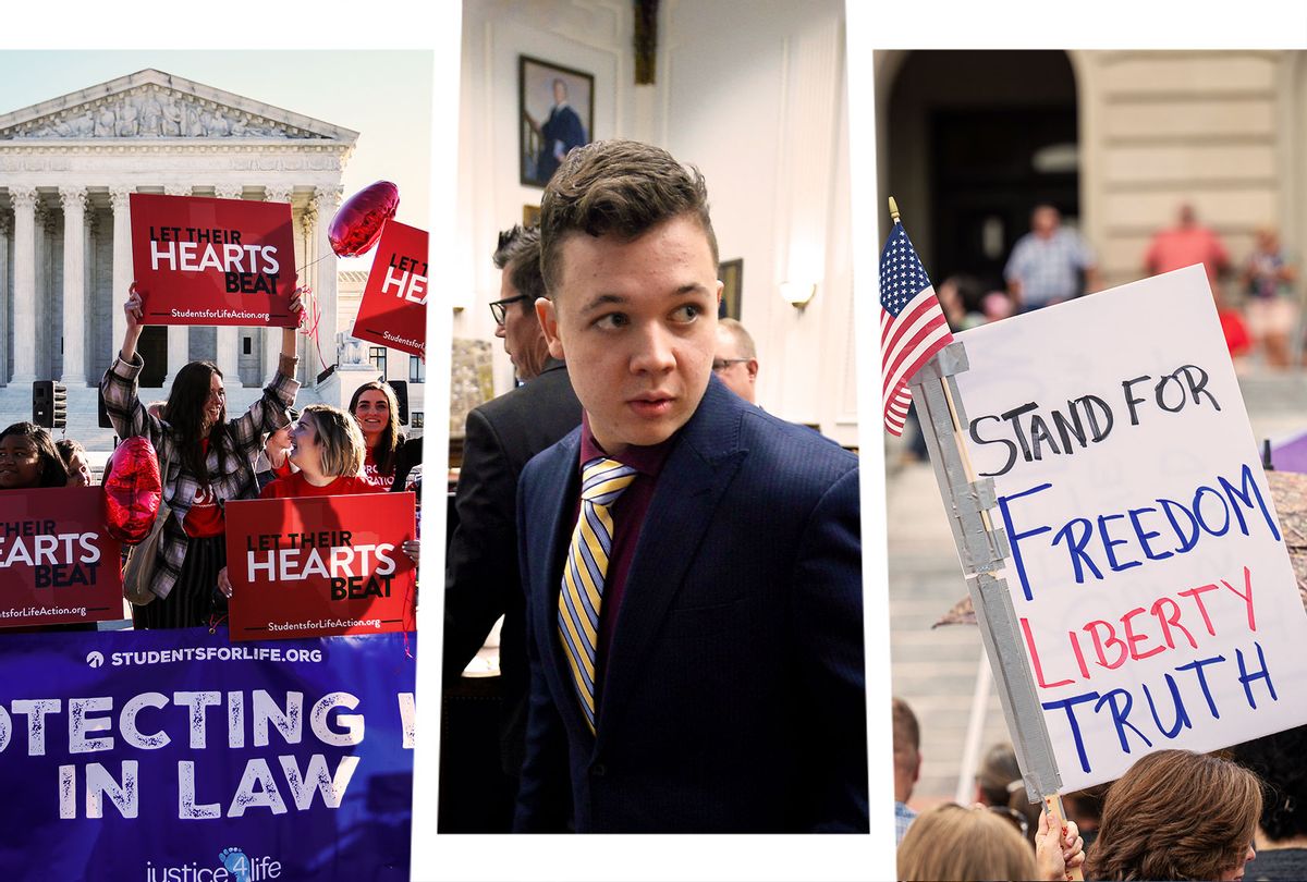 Pro-life demonstrators protest outside of the US Supreme Court in Washington, DC on November 1, 2021. | Kyle Rittenhouse enters the courtroom after a break at the Kenosha County Courthouse on November 11, 2021 in Kenosha, Wisconsin. | People display signs during the Kentucky Freedom Rally at the capitol building on August 28, 2021 in Frankfort, Kentucky. Demonstrators gathered on the grounds of the capitol to speak out against a litany of issues, including Kentucky Gov. Andy Beshear's management of the coronavirus pandemic, abortion laws, and the teaching of critical race theory.  (Photo illustration by Salon/Getty Images)