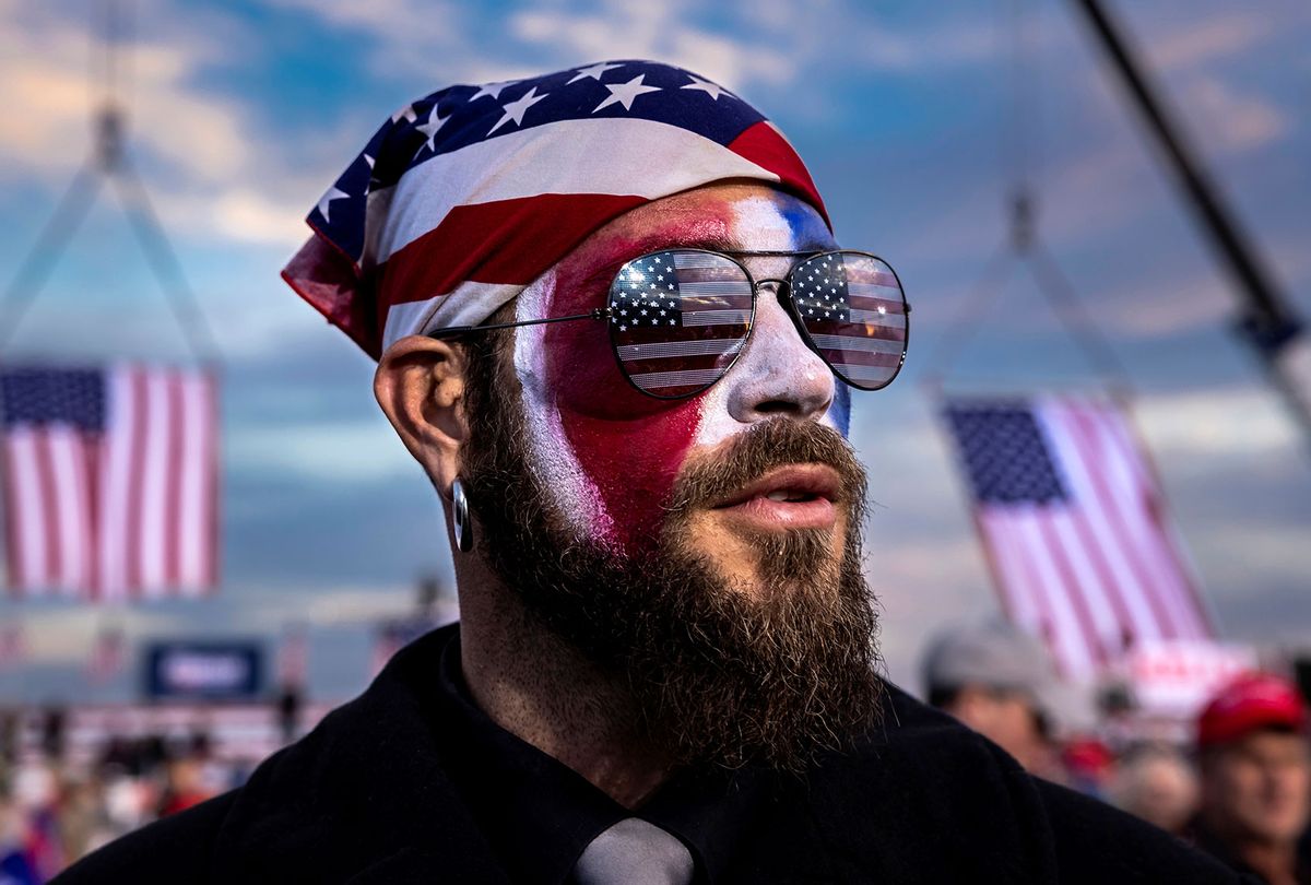 QAnon Shaman, Jacob Chansley at a Trump rally in Dalton, Georgia on the 4th of January. He attended the Capitol riots on the 6th of January in Washington, DC. (Brent Stirton/Getty Images)