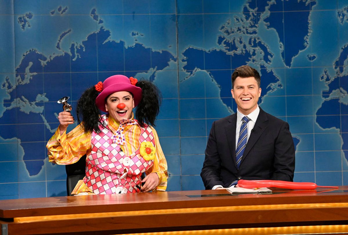 Cecily Strong as Goober The Clown and anchor Colin Jost during Weekend Update on "Saturday Night Live" (Will Heath/NBC)