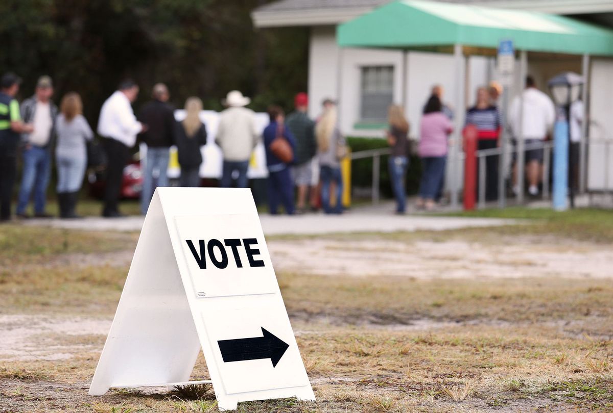 Voters wait in a queue to cast their ballots in the presidential election at a polling station in Christmas, Florida  (GREGG NEWTON/AFP via Getty Images)