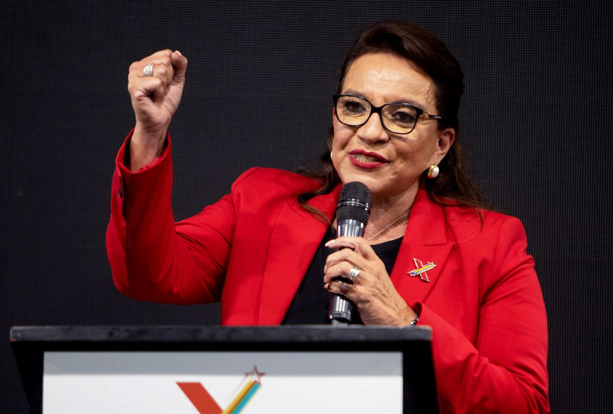 Xiomara Castro, Presidential Candidate of the Libertad y Refundacion (Libre) Party, speaks at a press conference on November 28, 2021 in Tegucigalpa, Honduras. According to the National Electoral Council, Castro received 53,44% of the votes and the candidate of the ruling National Party, Nasry Asfura received 33.8% with over 16% of the votes counted. (Inti Ocon/Getty Images)