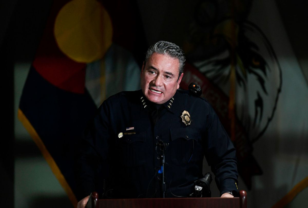 Denver Police Chief Paul Pazen addresses members of the media during a press conference at the Lakewood Police Department on December 28, 2021 in Lakewood, Colorado. Police gave updated information on the shooting spree that spanned across two cities, Lakewood and Denver, and claimed the lives of five people and injured three people including a Lakewood police officer. Police have identified the shooter as Lyndon McLeod, 47, and said he knew many of the people he targeted. McLeod had previously been investigated by law enforcement in 2020 and 2021 but that the investigations did not lead to state or federal charges, Denver police Chief Paul Pazen said. (Helen H. Richardson/MediaNews Group/The Denver Post via Getty Images)