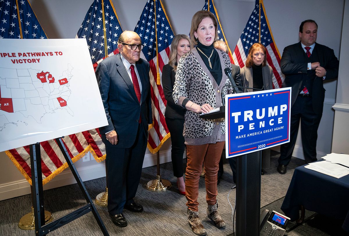 Attorney Sidney Powell speaks during a news conference with Rudy Giuliani, lawyer for U.S. President Donald Trump, about lawsuits contesting the results of the presidential election at the Republican National Committee headquarters in Washington, D.C. (Sarah Silbiger for The Washington Post via Getty Images)