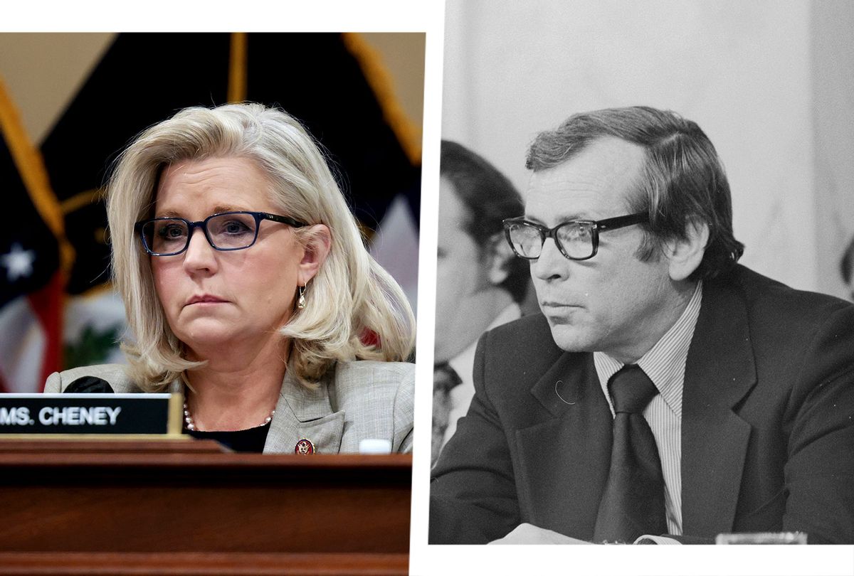 Rep. Liz Cheney (R-WY), vice-chair of the select committee investigating the January 6 attack on the Capitol, speaks during a business meeting on Capitol Hill on Capitol Hill on December 13, 2021 in Washington, DC. | Tennessee Senator Howard Baker questions a witness during the Watergate Hearings. Baker was a member of the Senate Watergate Committee, which began their nationally televised hearings in mid-May 1973 and resulted in the resignation of President Richard Nixon (Photo illustration by Salon/Getty Images)