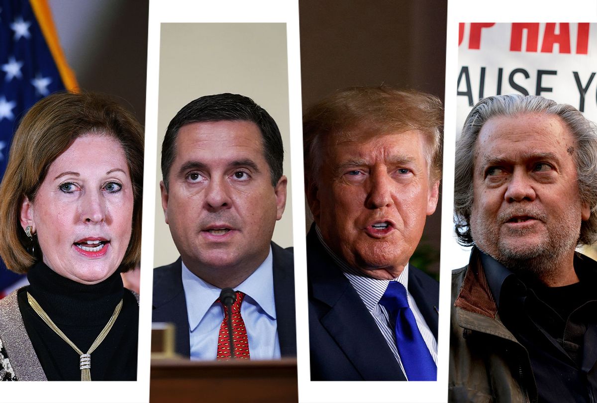 Sidney Powell, Devin Nunes, Donald Trump and Steve Bannon (Photo illustration by Salon/Getty Images)