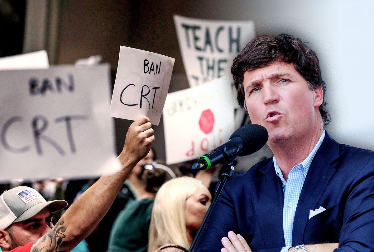 A mix of proponents and opponents to teaching Critical Race Theory are in attendance as the Placentia Yorba Linda School Board discusses a proposed resolution to ban it from being taught in schools | Tucker Carlson (Photo illustration by Salon/Getty Images)