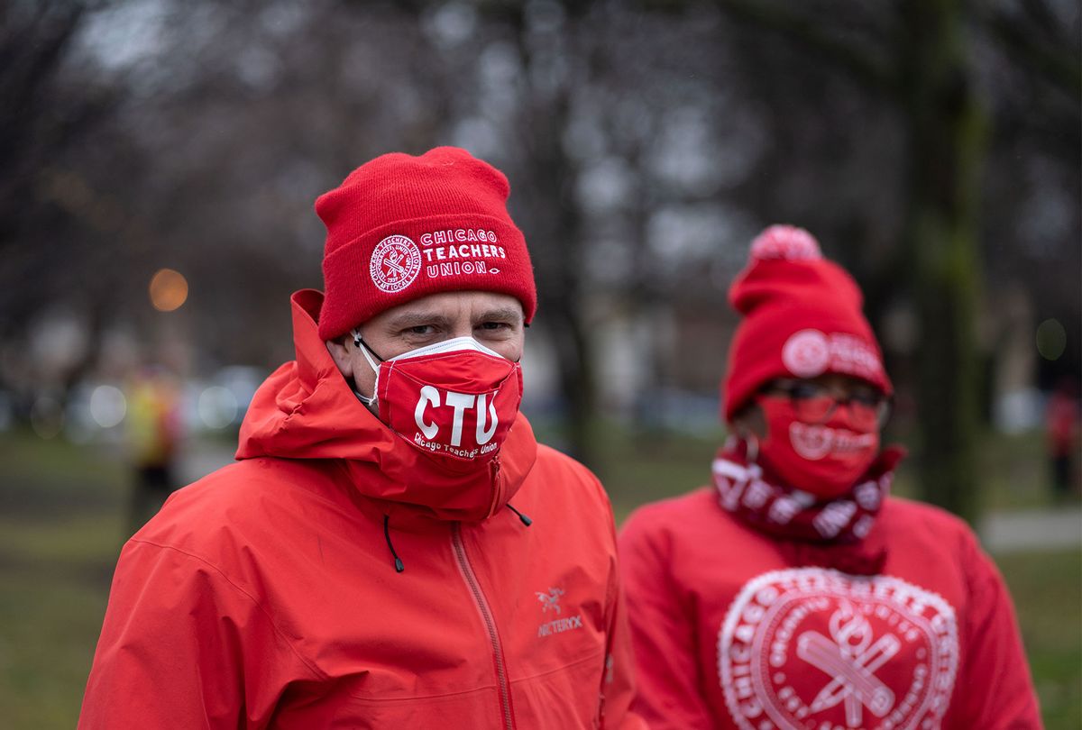 Chicago Teachers Union President Jesse Sharkey speaks ahead of a car caravan where teachers and supporters gathered to demand a safe and equitable return to in-person learning during the COVID-19 pandemic in Chicago, IL on December 12, 2020. (Max Herman/NurPhoto via Getty Images)