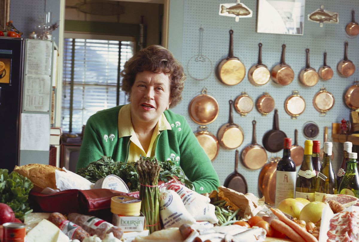 Portrait of American chef, author, cooking teacher, author, and tv host Julia Child (1912 - 2004) as she poses in her kitchen, Cambridge, Massachusetts, 1972. (Hans Namuth/Photo Researchers History/Getty Images)