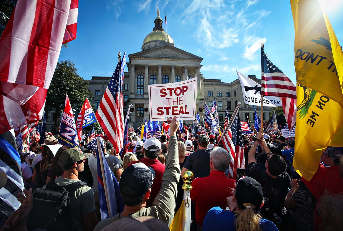 Hundreds of Trump supporters and gather near the Capitol Building for the Stop the Steal Rally in Atlanta, GA. as well as counter protesters in Atlanta, GA. (Jason Armond / Los Angeles Times via Getty Images)