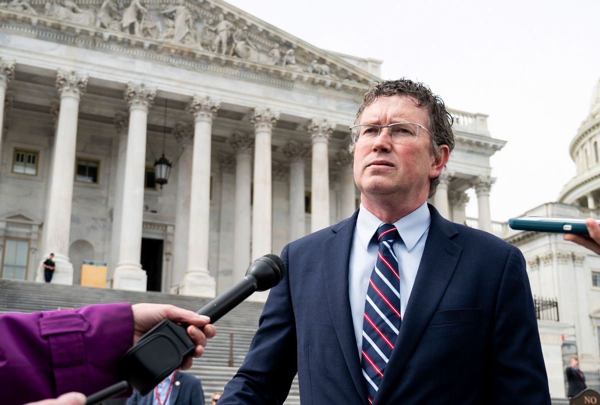 Rep. Thomas Massie, R-Ky., stops to speak with reporters as he leaves the Capitol after the Coronavirus Aid, Relief, and Economic Security Act was passed in the House on Friday, March 27, 2020. (Bill Clark/CQ-Roll Call, Inc via Getty Images)