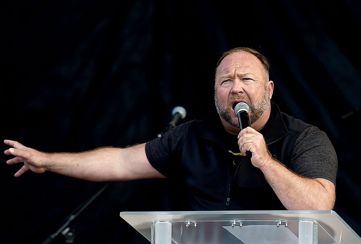 US far-right radio show Alex Jones speaks to supporters of US President Donald Trump as they demonstrate in Washington, DC, on December 12, 2020, to protest the 2020 election. (OLIVIER DOULIERY/AFP via Getty Images)