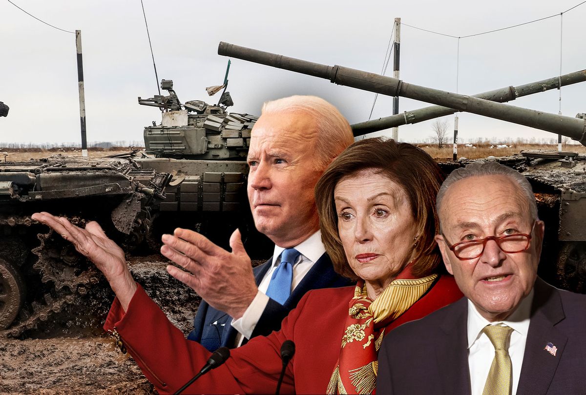 T-72B3 tanks of the tank force of the Russian Western Military District conduct field firing at Kadamovsky Range | Joe Biden, Nancy Pelosi and Chuck Schumer (Photo illustration by Salon/Getty Images)