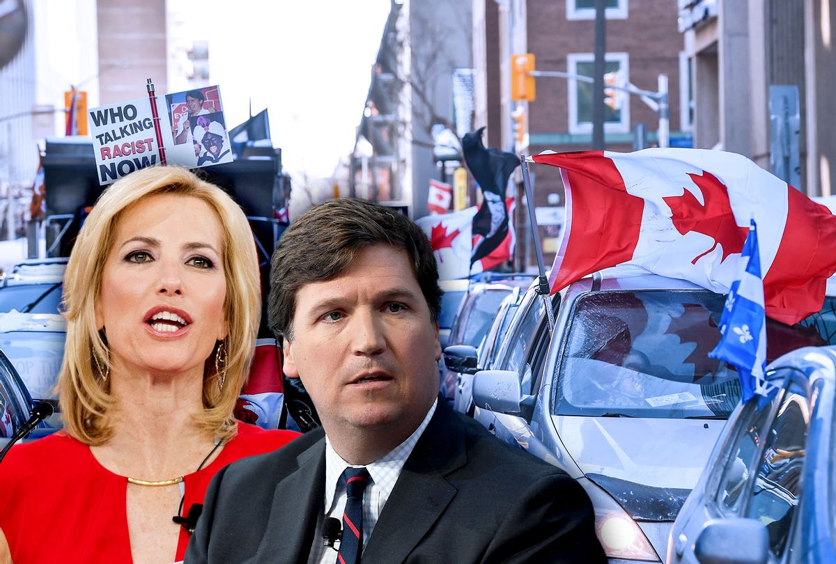 Laura Ingraham, Tucker Carlson, and protesters of the vaccine mandates introduced by Canadian Prime Minister Justin Trudeau on February 5, 2022 in Ottawa, Canada. (Photo illustration by Salon/Getty Images)