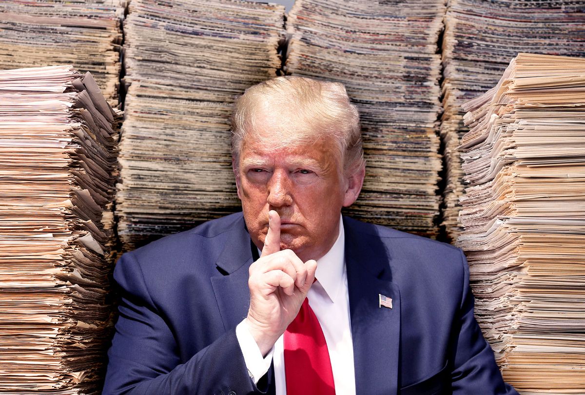 Donald Trump surrounded by piles and piles of documents (Photo illustration by Salon/Getty Images)