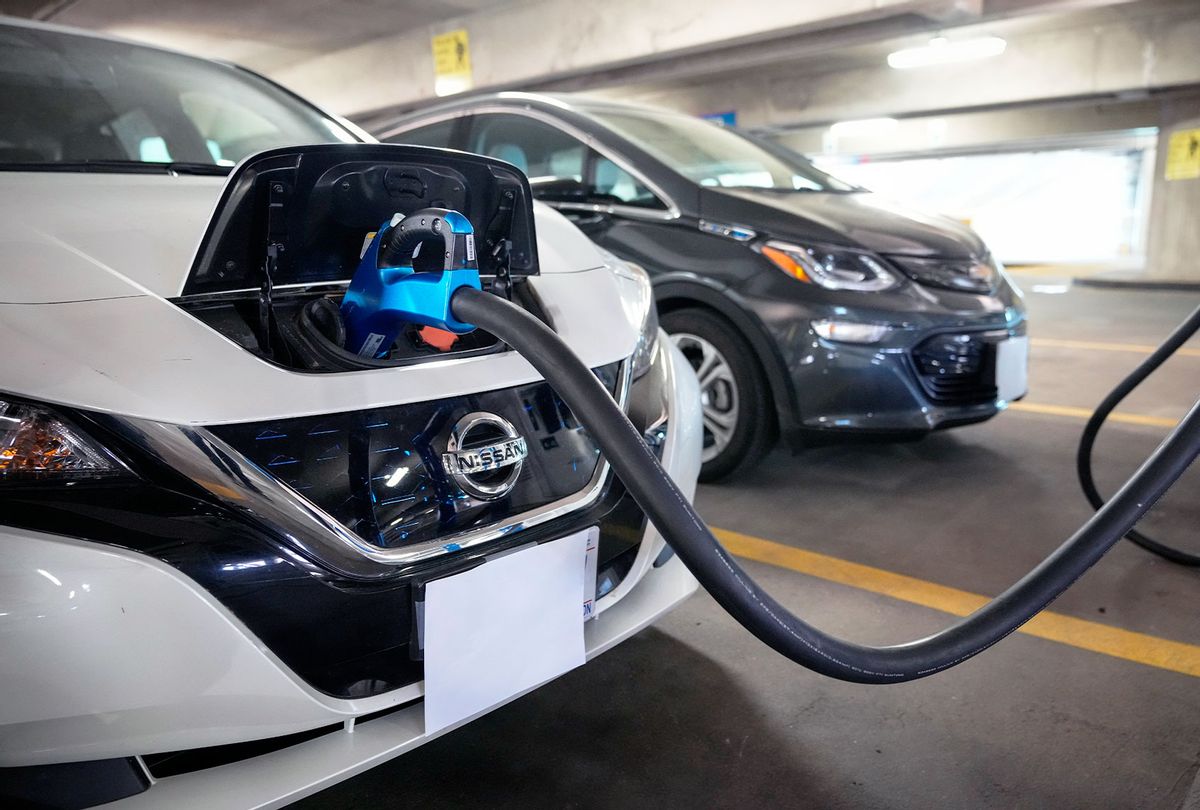 Electric vehicles are displayed before a news conference with White House Climate Adviser Gina McCarthy and U.S. Secretary of Transportation Pete Buttigieg about the American Jobs Plan and to highlight electric vehicles at Union Station near Capitol Hill on April 22, 2021 in Washington, DC. (Drew Angerer/Getty Images)