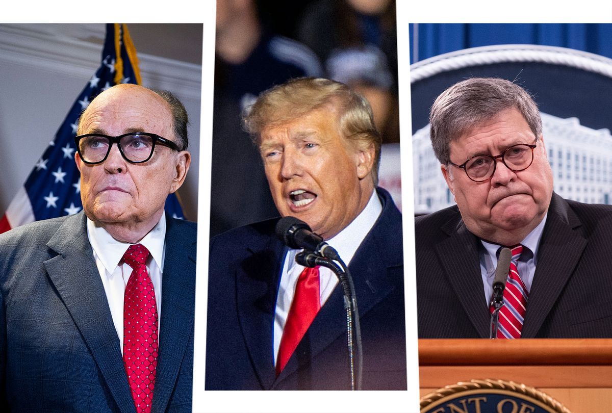Rudy Giuliani, Donald Trump and Bill Barr (Photo illustration by Salon/Getty Images)