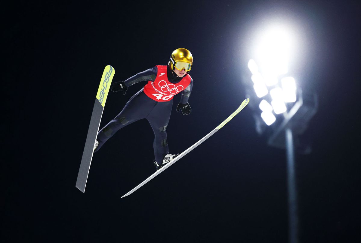 Katharina Althaus of Team Germany jumps during the Women's Normal Hill official Training at Zhangjiakou National Ski Jumping Centre on February 03, 2022 in Zhangjiakou, China. (Maddie Meyer/Getty Images)