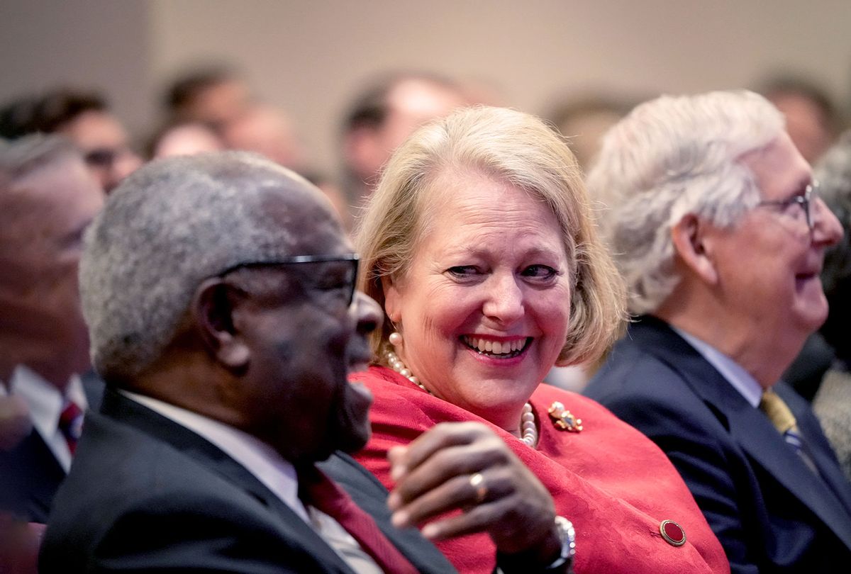 Associate Supreme Court Justice Clarence Thomas sits with his wife and conservative activist Virginia Thomas while he waits to speak at the Heritage Foundation on October 21, 2021 in Washington, DC.  (Drew Angerer/Getty Images)