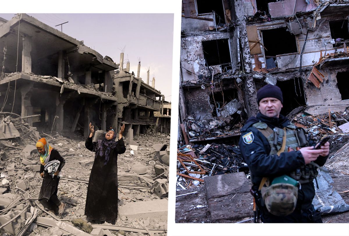 A Palestinian woman pauses amid destroyed buildings in the northern district of Beit Hanun in the Gaza Strip during an humanitarian truce on July 26, 2014. | A Ukrainian police officer stands in front of a damaged residential block hit by an early morning missile strike on February 25, 2022 in Kyiv, Ukraine. (Photo illustration by Salon/Getty Images)