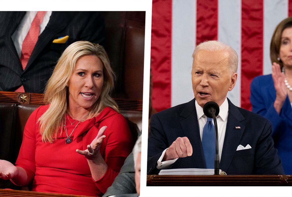 Marjorie Taylor Greene and Joe Biden at Biden's first State of the Union address to a joint session of Congress, at the Capitol on March 01, 2022 in Washington, DC. (Photo illustration by Salon/Getty Images)
