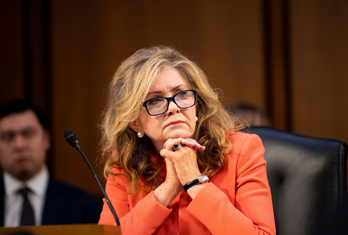 Sen. Marsha Blackburn, R-Tenn., listens to senators opening statements during the confirmation hearing for Judge Ketanji Brown Jackson, President Bidens nominee for Associate Justice to the Supreme Court, on Monday, March 21, 2022. (Bill Clark/CQ-Roll Call, Inc via Getty Images)