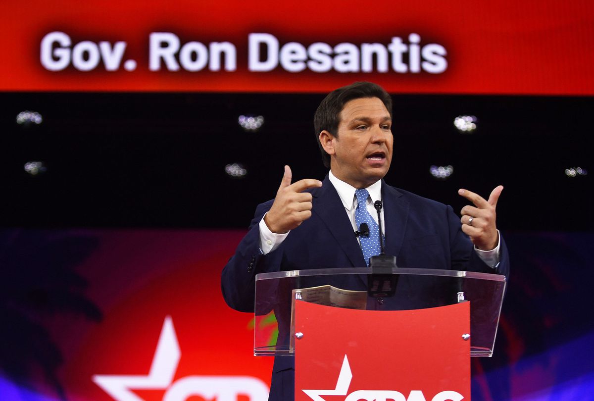 Florida Republican Governor Ron DeSantis addresses attendees on day one of the 2022 Conservative Political Action Conference (CPAC) in Orlando.  (Paul Hennessy/SOPA Images/LightRocket via Getty Images)