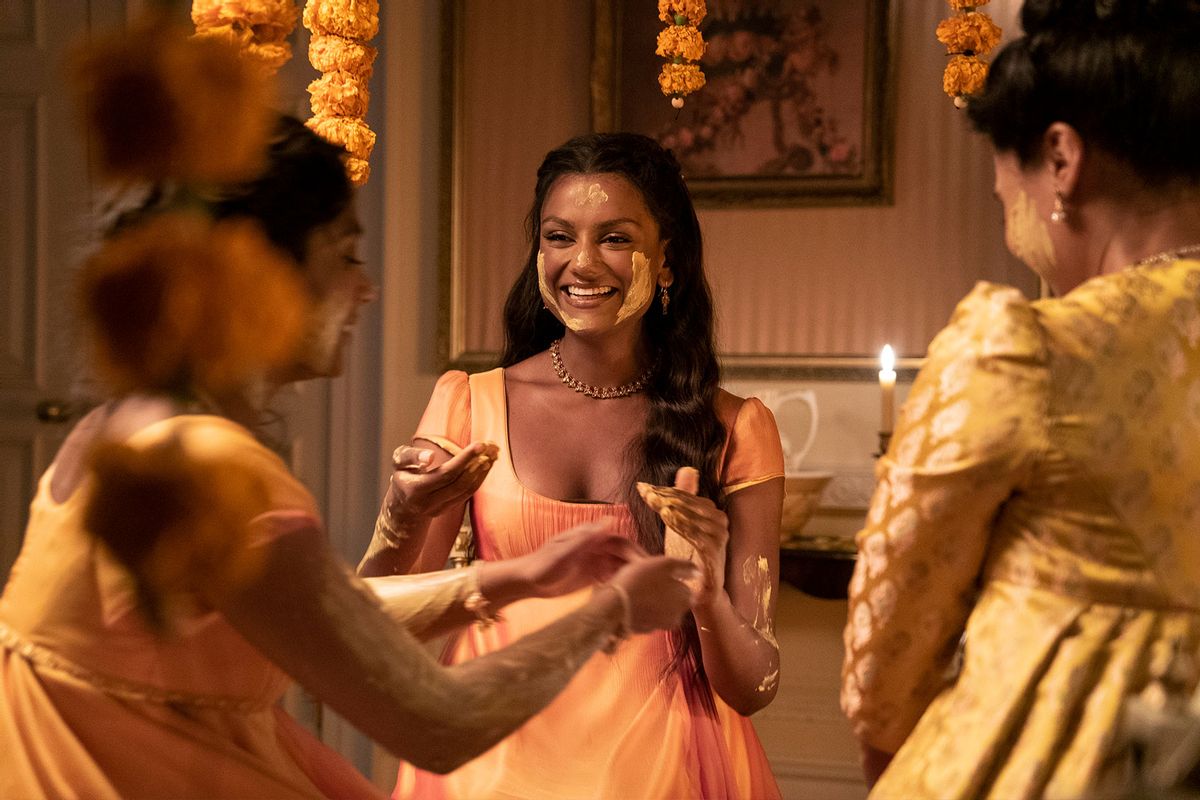 Charithra Chandran as Edwina Sharma, Simone Ashley as Kate Sharma and Shelley Conn as Mary Sharma in "Bridgerton" (Liam Daniel/Netflix)