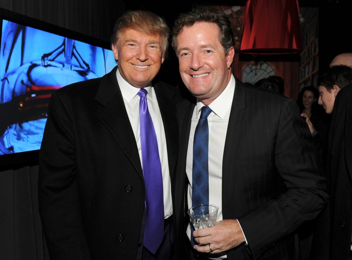 Television Personality Donald Trump and journalist Piers Morgan attend the celebration of Perfumania and Kim Kardashian's appearance on NBC's "The Apprentice" at the Provocateur at The Hotel Gansevoort on November 10, 2010 in New York, New York.  (Photo by Mathew Imaging/WireImage)