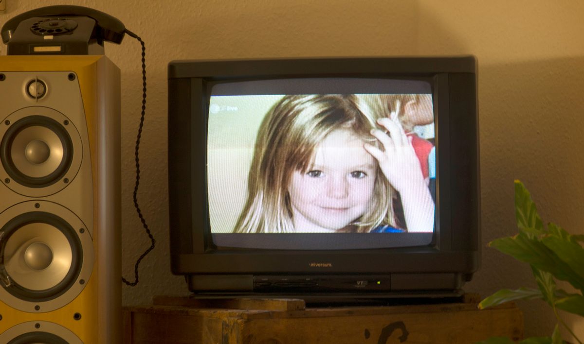 A photo of British girl Madeleine McCann aka Maddie is displayed on a TV screen at an appartmen in Berlin, on October 16, 2013 during the broadcast of German ZDF's "Aktenzeichen XY" programme. The German broadcaster received more than 500 phone calls and emails after airing the programme on the 2007 disappearance of British toddler Madeleine McCann in Portugal, the station said on October 16, 2013. (JOHANNES EISELE/AFP via Getty Images)