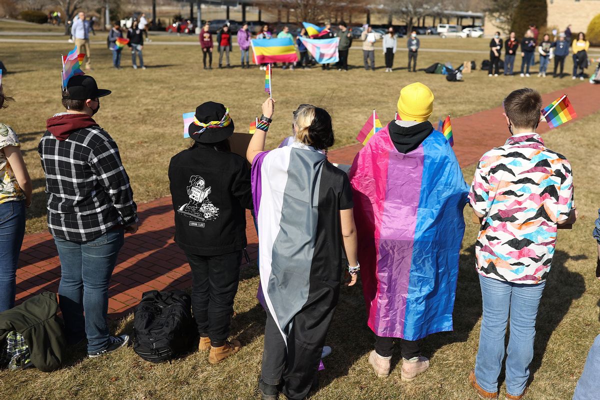 Students at the Norfolk County Agricultural High School participated in a Gay Student Alliance protest/rally in Walpole, MA on March 11, 2022. The event was held in conjunction with the school administration to support a nationwide student protest over anti-LGBT government education plans in Florida and Texas. (Jonathan Wiggs/The Boston Globe via Getty Images)