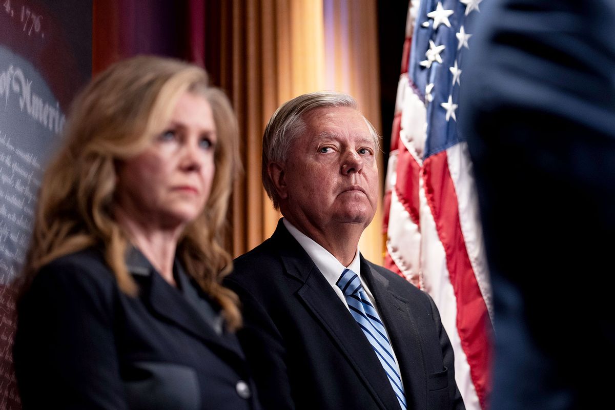 Sen. Marsha Blackburn (R-TN) and Sen. Lindsey Graham (R-SC) attend a news conference about the confirmation vote for Supreme Court nominee Ketanji Brown Jackson at the U.S. Capitol on April 7, 2022 in Washington, DC. The full Senate voted today to confirm the nomination of Supreme Court nominee Judge Ketanji Brown Jackson with a vote of 53-47. (Drew Angerer/Getty Images)