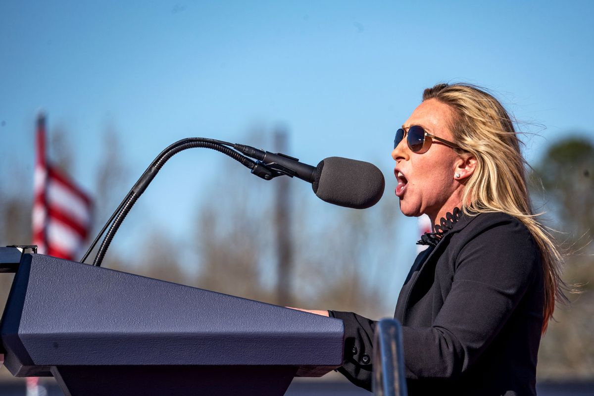 Rep. Marjorie Taylor Greene (R-GA) speaks to supporters of former U.S. President Donald Trump at the Banks County Dragway on March 26, 2022 in Commerce, Georgia. (Megan Varner/Getty Images)