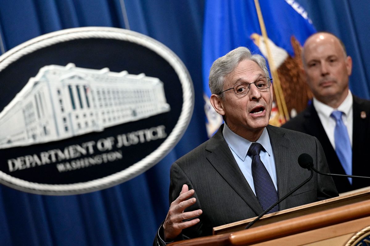 US Attorney General Merrick B. Garland speaks about a significant firearms trafficking enforcement action during a news conference at the Justice Department in Washington, DC, on April 1, 2022. (OLIVIER DOULIERY/AFP via Getty Images)