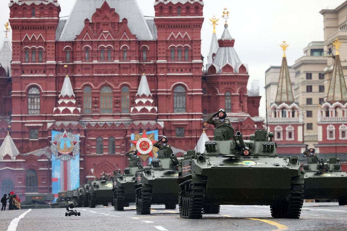 Russian military vehicles move through Red Square during the Victory Day military parade in Moscow on May 9, 2021. - Russia celebrates the 76th anniversary of the victory over Nazi Germany during World War II.  (DIMITAR DILKOFF/AFP via Getty Images)