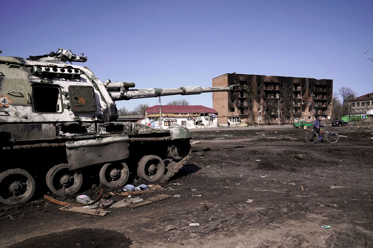 A destroyed Russian military vehicle is pictured on the street in the city liberated from Russian invaders, Trostianets, Sumy Region, northeastern Ukraine. (Anna Voitenko/Ukrinform/NurPhoto via Getty Images)