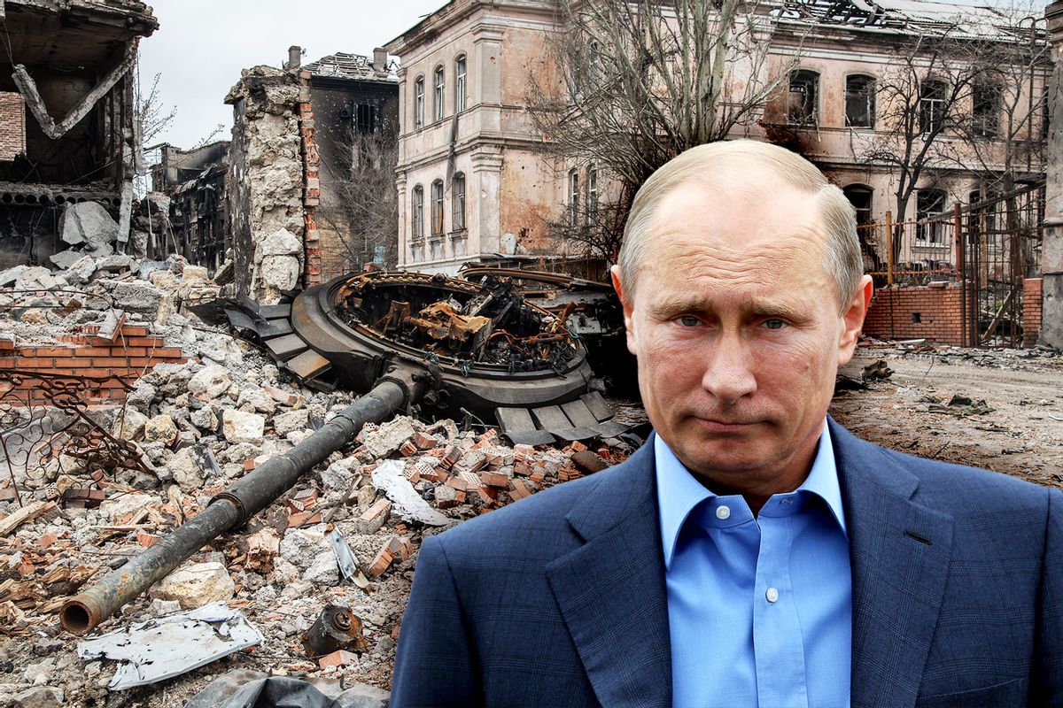 Vladimir Putin | A destroyed tank lies in rubble, in central Mariupol (Photo illustration by Salon/Getty Images)