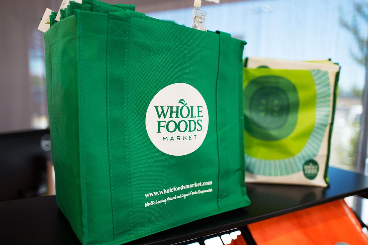 Reusable shopping bag with logo at Whole Foods Market grocery store in Dublin, California, June 16, 2017. On June 16, 2017, Amazon.com announced that it would acquire the upscale grocery chain. (Smith Collection/Gado/Getty Images)