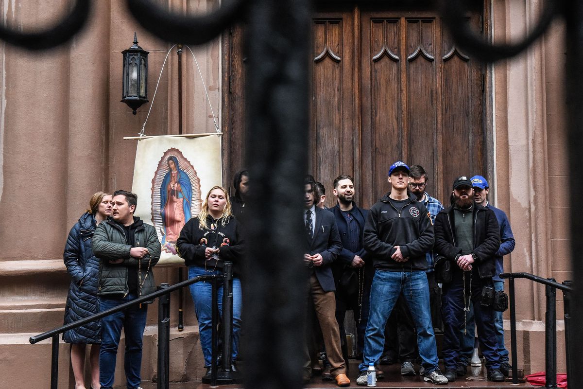 Anti-abortion activists and church members gather outside of a Catholic church in downtown Manhattan on May 07, 2022. (Stephanie Keith/Getty Images)