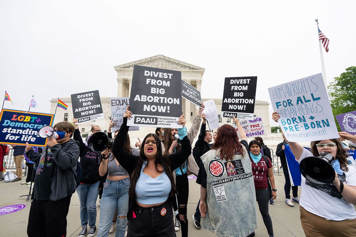 Pro-life activists rally in front of the U.S. Supreme Court on Tuesday, May 3, 2022, after a leaked draft opinion indicated the court will overturn Rove v. Wade. (Bill Clark/CQ-Roll Call, Inc via Getty Images)