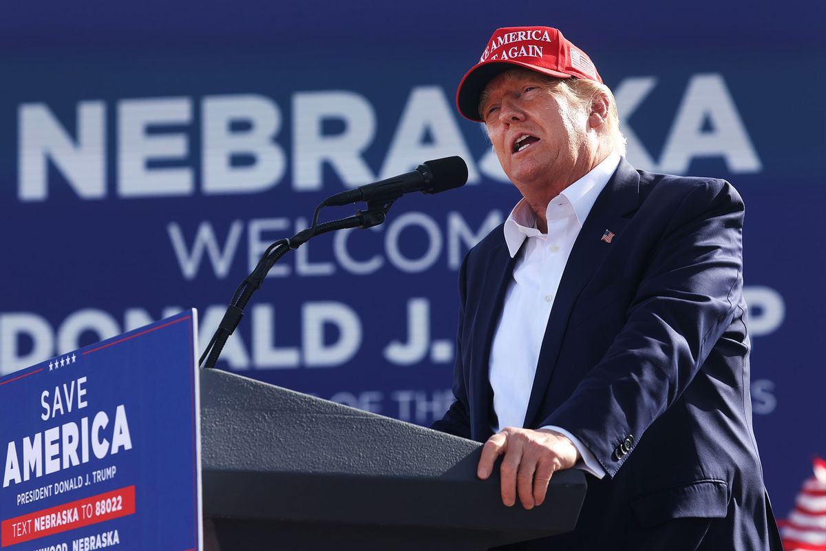 Former President Donald Trump speaks to supporters during a rally at the I-80 Speedway on May 01, 2022 in Greenwood, Nebraska. Trump supported Charles Herbster in the Nebraska gubernatorial race. (Scott Olson/Getty Images)