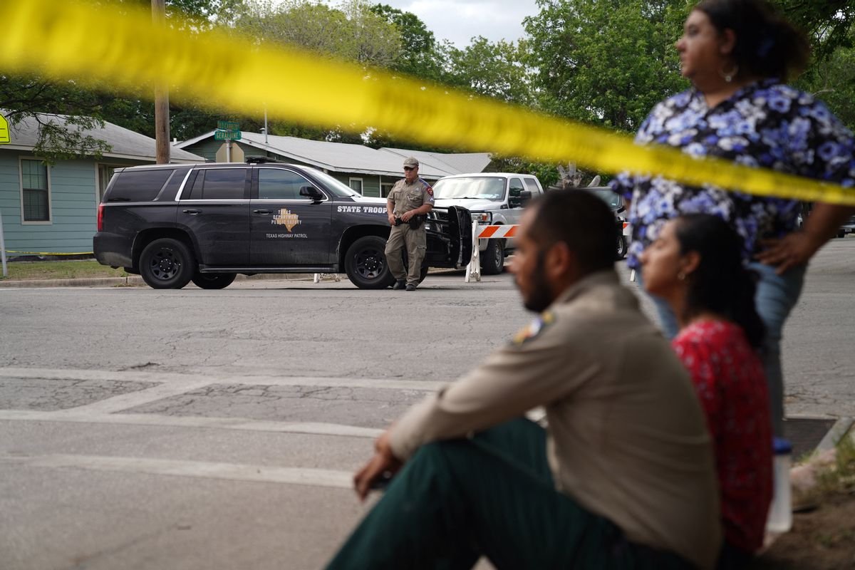 Scene outside Robb Elementary School in Uvalde, Texas, on May 24. (ALLISON DINNER/AFP via Getty Images)