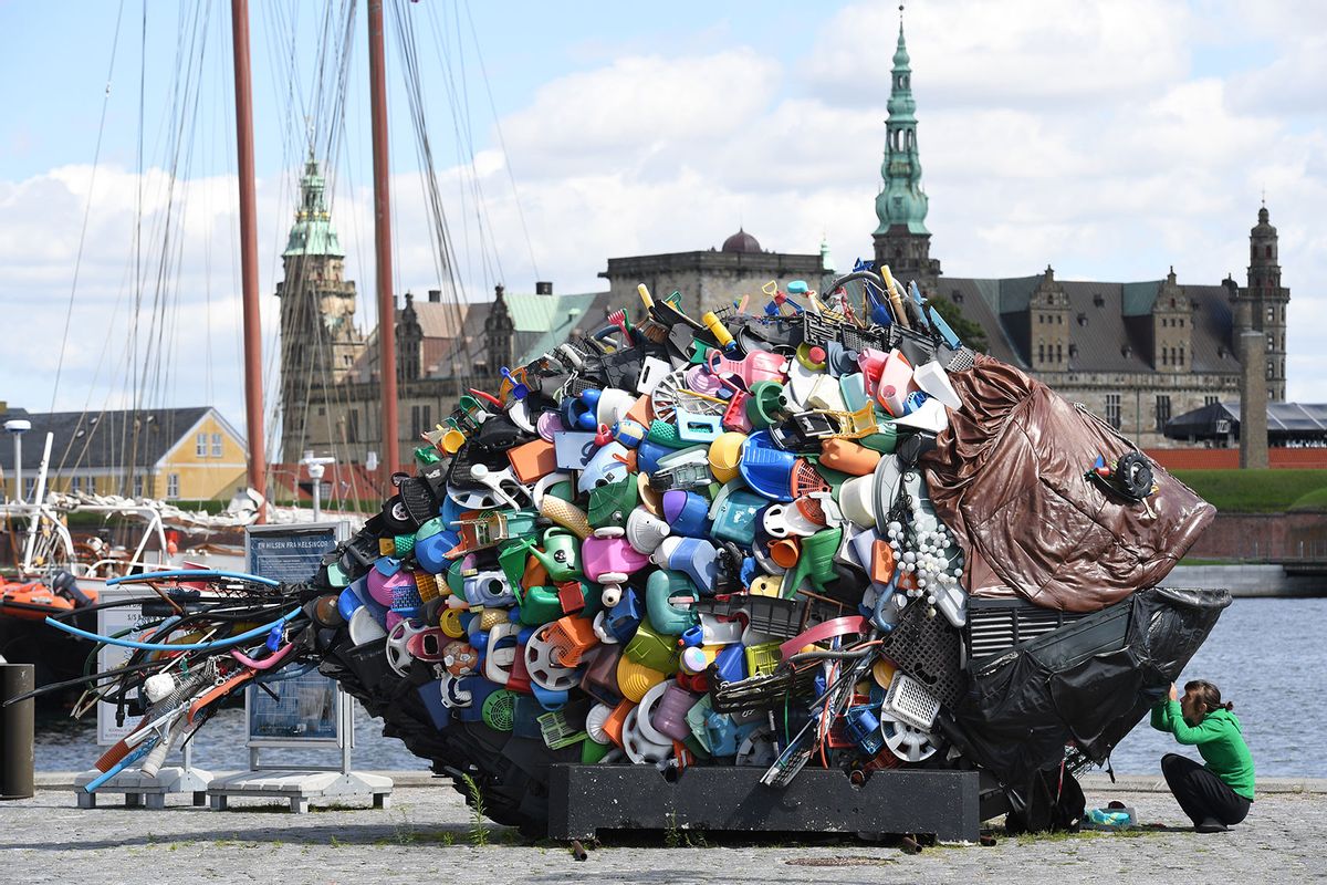Large recycled plastic fish sculpture in Helsingor situated infront of the Kronborg Castle in Helsingor in Denmark (Getty Images/James D. Morgan)