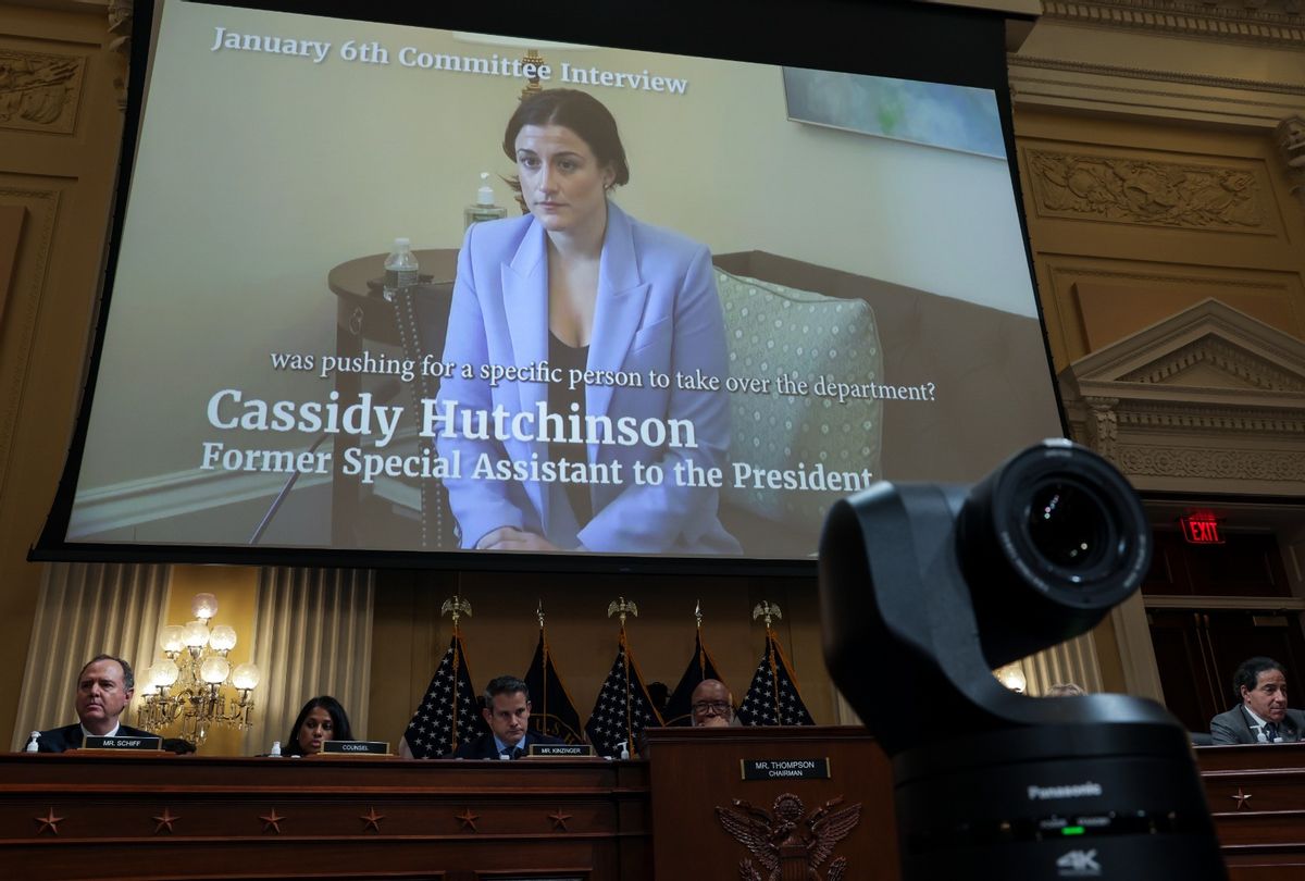 A video featuring Cassidy Hutchinson, former Special Assistant to President Trump, is played during the fifth hearing by the House Select Committee to Investigate the January 6th Attack on the U.S. Capitol in the Cannon House Office Building on June 23, 2022 in Washington, DC. (Alex Wong/Getty Images)