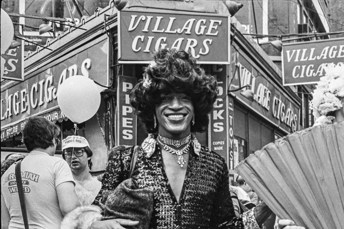 Portrait of American gay liberation activist Marsha P Johnson (1945 - 1992) on the corner of Christopher Street and 7th Avenue during the Pride March (later the LGBT Pride March), New York, New York, June 27, 1982. (Barbara Alper/Getty Images)