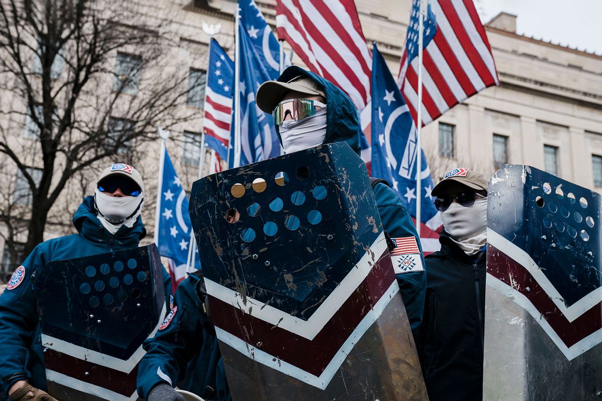 Members of the right-wing group, the Patriot Front, as they prepare to march with anti-abortion activists during the 49th annual March for Life along Constitution Ave. on Friday, Jan. 21, 2022 in Washington, DC. (Kent Nishimura / Los Angeles Times via Getty Images)